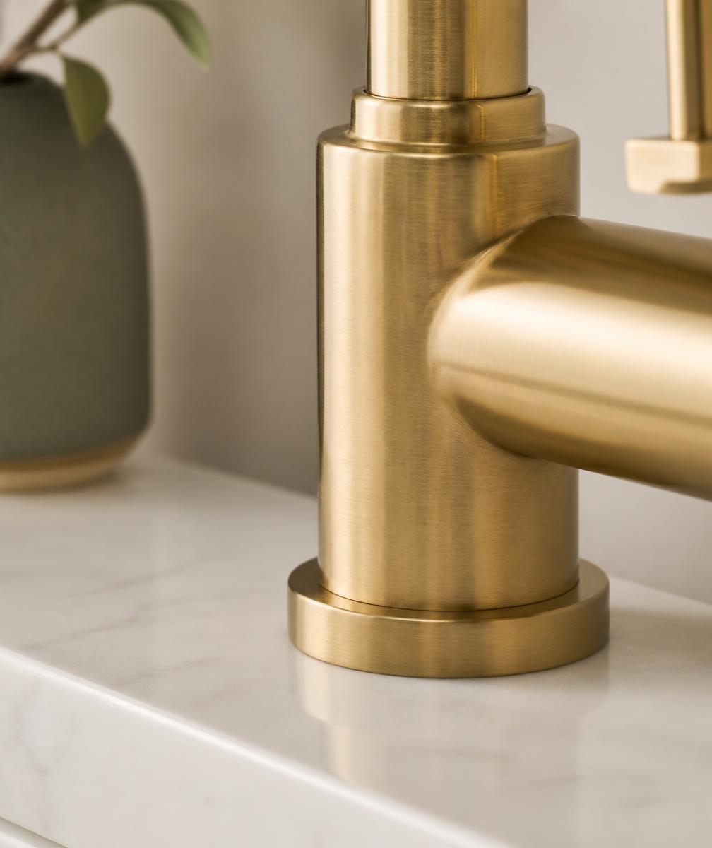 Close-up of a spotless brushed brass faucet base on a stone counter