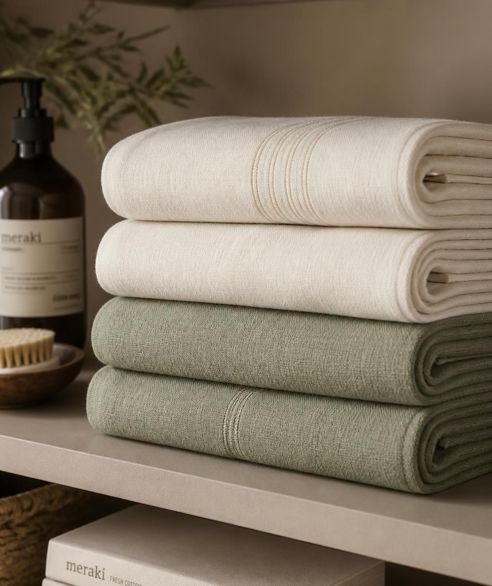 Neatly folded ivory and sage towels stacked on a shelf
